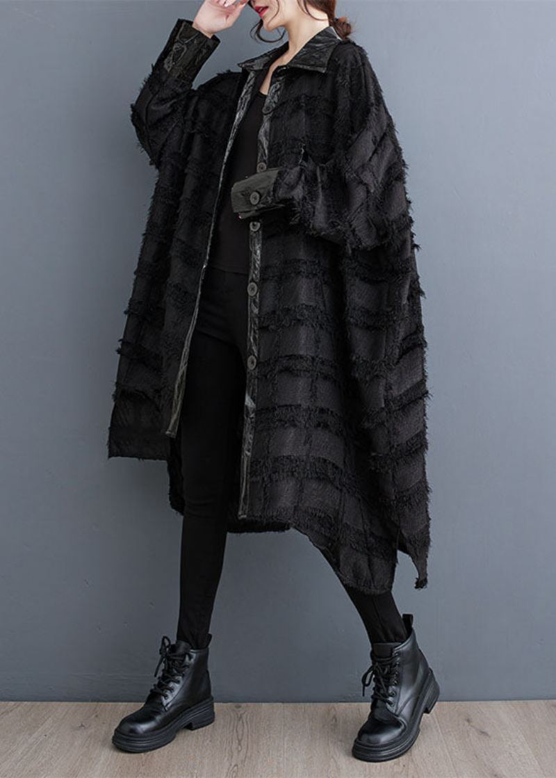 Vakre Svarte Asymmetriske Lommer Patchwork-knapp Trench Coats Fall - Trenchcoats for kvinner