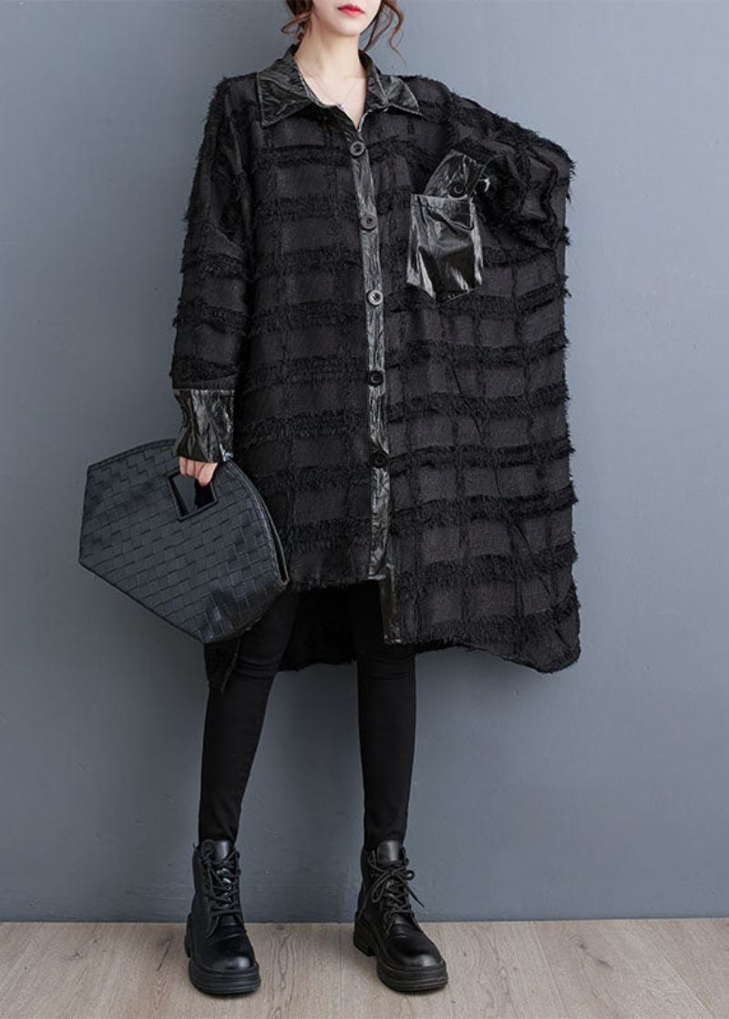 Vakre Svarte Asymmetriske Lommer Patchwork-knapp Trench Coats Fall - Trenchcoats for kvinner