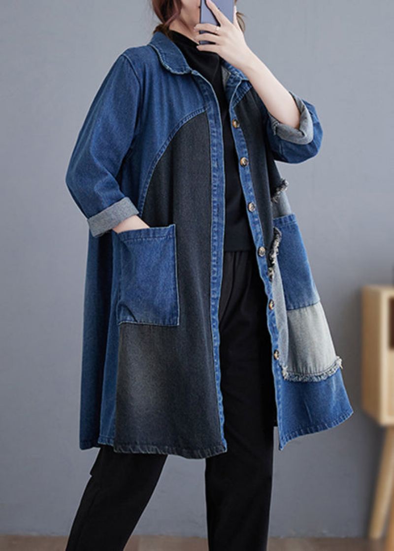 Vintage Blå Knapplommer Patchwork Denim Trench Coat Fall