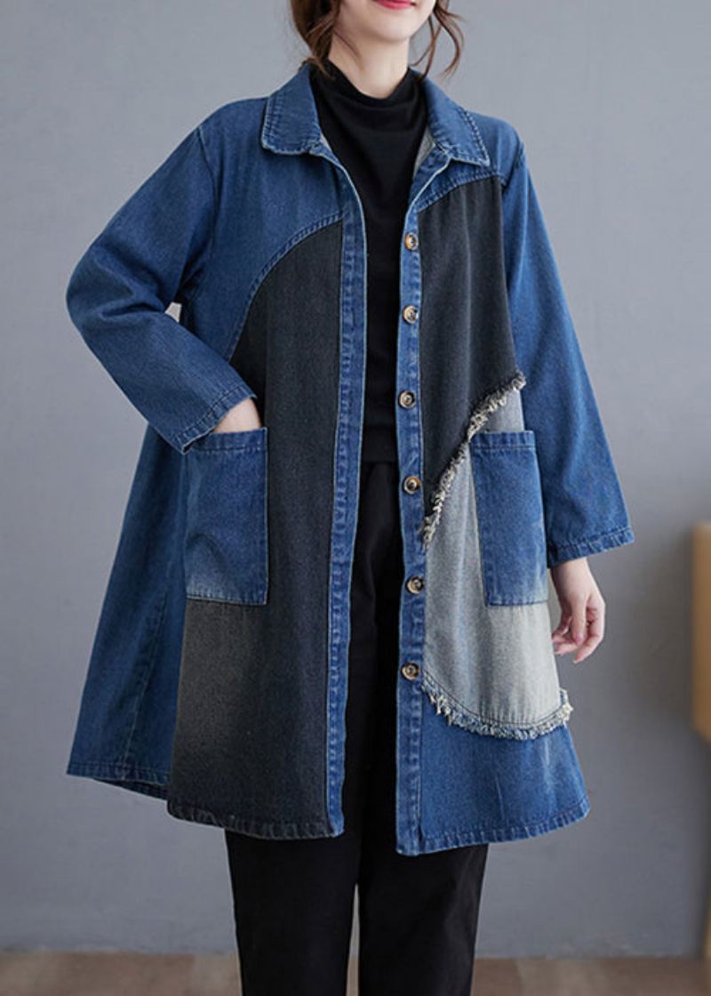 Vintage Blå Knapplommer Patchwork Denim Trench Coat Fall - Trenchcoats for kvinner