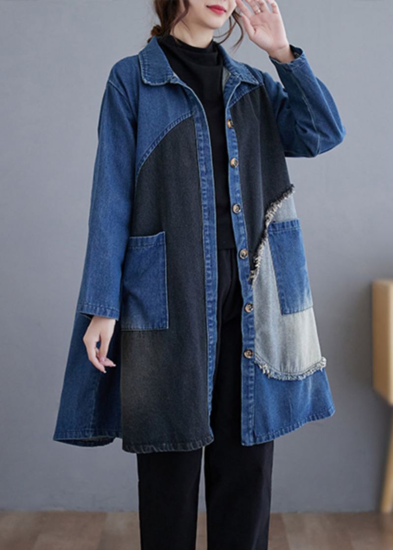 Vintage Blå Knapplommer Patchwork Denim Trench Coat Fall - Trenchcoats for kvinner