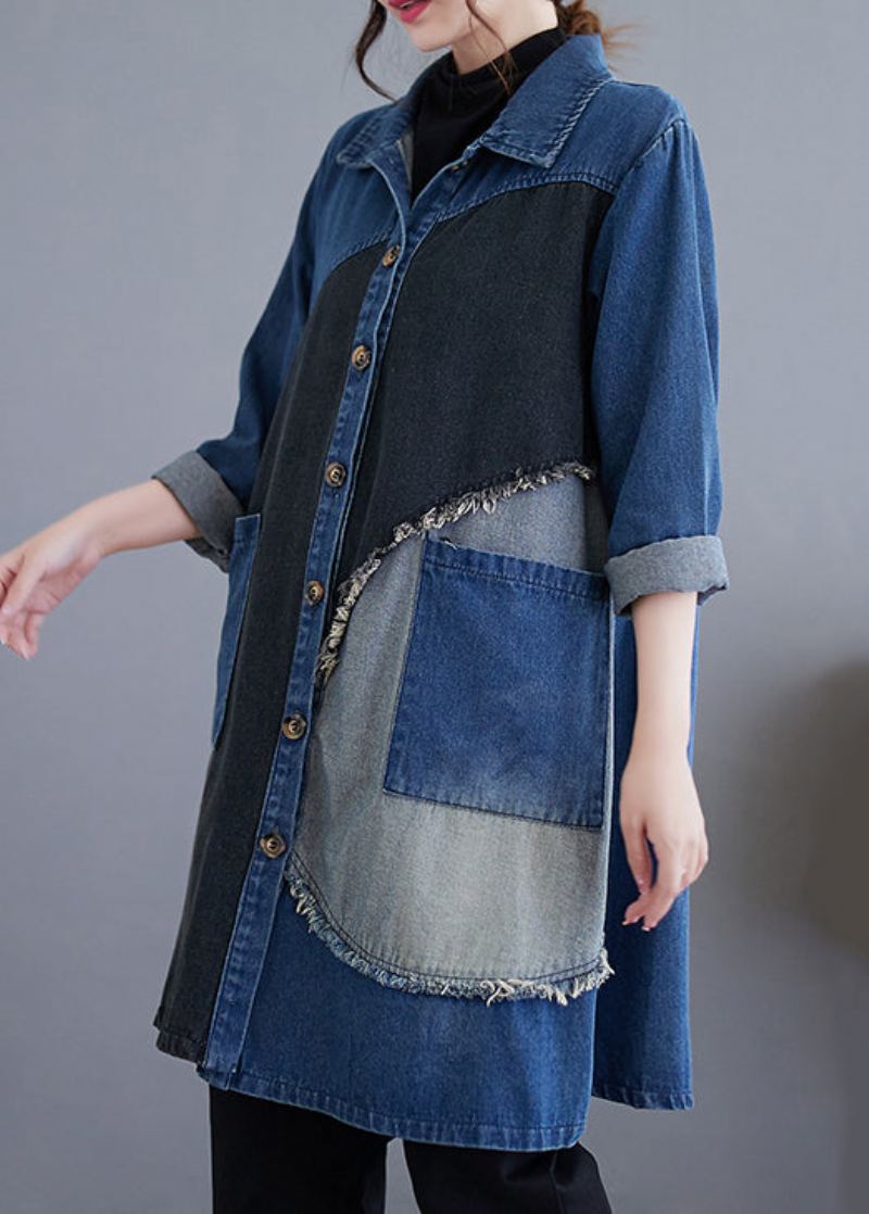 Vintage Blå Knapplommer Patchwork Denim Trench Coat Fall - Trenchcoats for kvinner