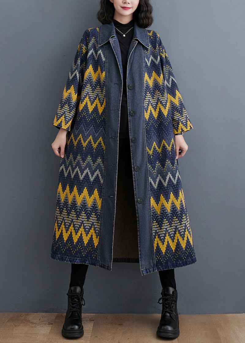 Vintage Blå Peter Pan Krage Print Button Denim Lang Trench Coat Fall - Trenchcoats for kvinner