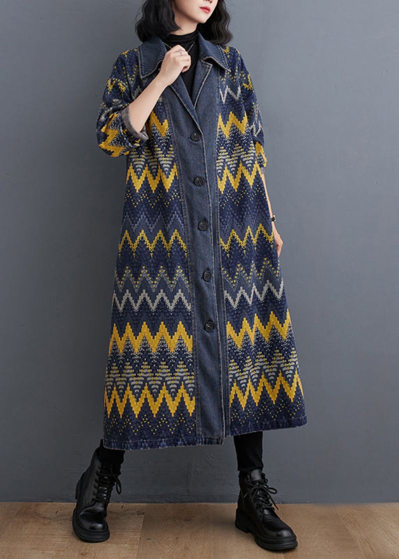 Vintage Blå Peter Pan Krage Print Button Denim Lang Trench Coat Fall - Trenchcoats for kvinner