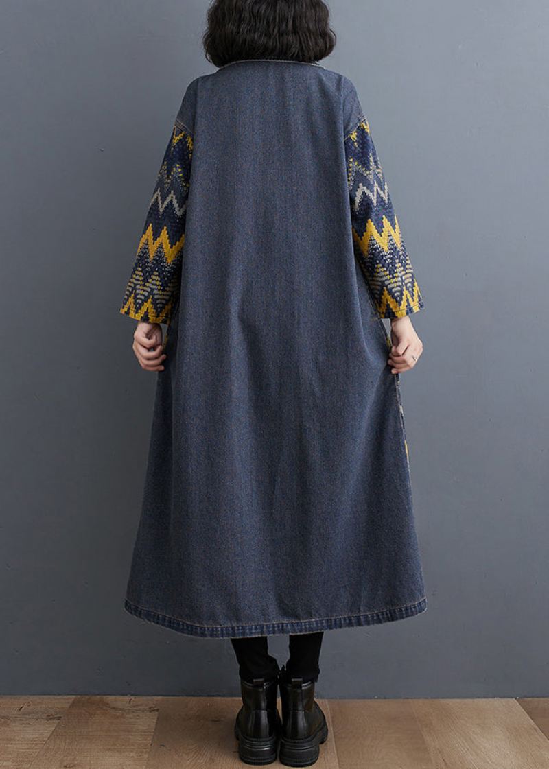 Vintage Blå Peter Pan Krage Print Button Denim Lang Trench Coat Fall - Trenchcoats for kvinner