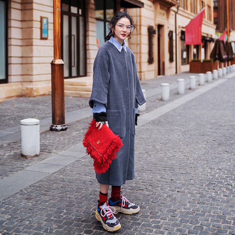 Vintage Grå Lang Kåpe Overdimensjonert O-hals Ullfrakk Boutique Lommer Med Flare Ermer - Trenchcoats for kvinner