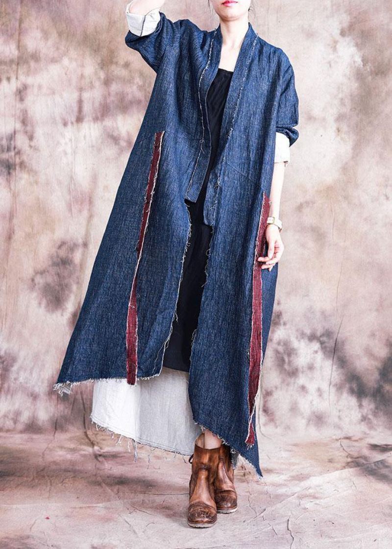 Vintage Oversize Kåper Høst Outwear Blå Patchwork Asymmetriske