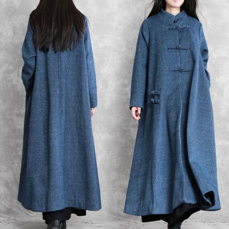 Vintage Plus Size Jakker Kåpe Blå Stativ Krage Asymmetrisk Ullkåper - Trenchcoats for kvinner