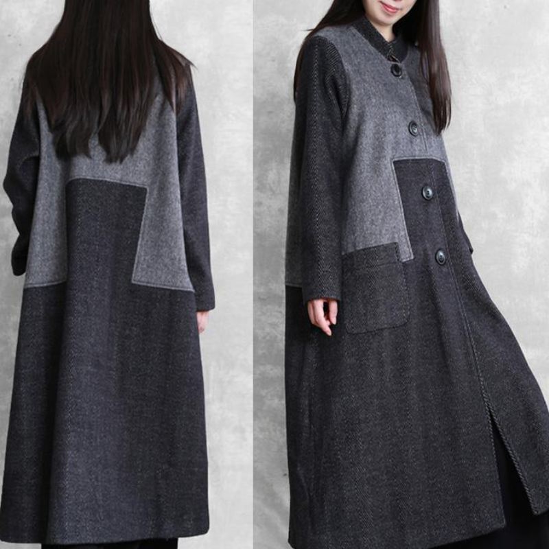 Vintage Plus Size Lang Frakk Yttertøy Mørkegrå Stativ Krage Patchwork Ullovertrekk - Trenchcoats for kvinner