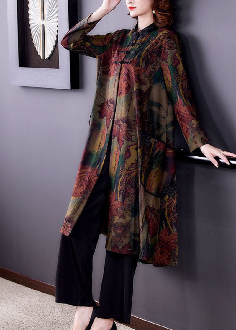 Vintage Rød Stativ Krage Oversized Print Silk Trench Langermet - Rød