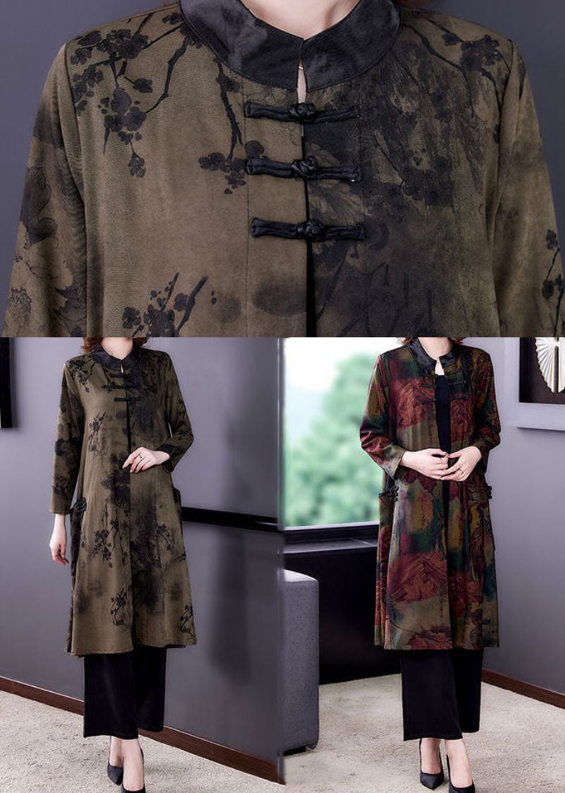 Vintage Rød Stativ Krage Oversized Print Silk Trench Langermet - Rød