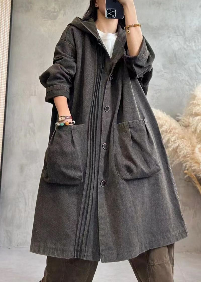 Vintage Svart Rynkete Hettegensere Denim Trench Coats Fall