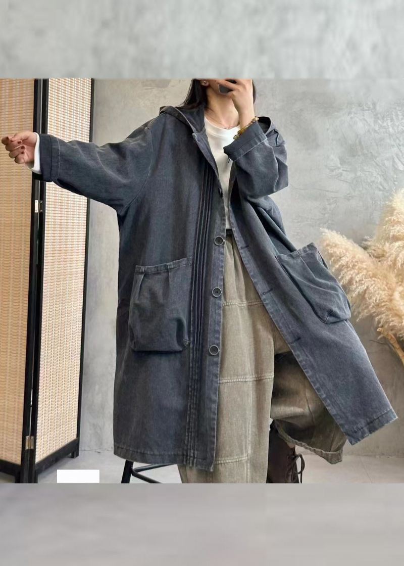 Vintage Svart Rynkete Hettegensere Denim Trench Coats Fall - Svart