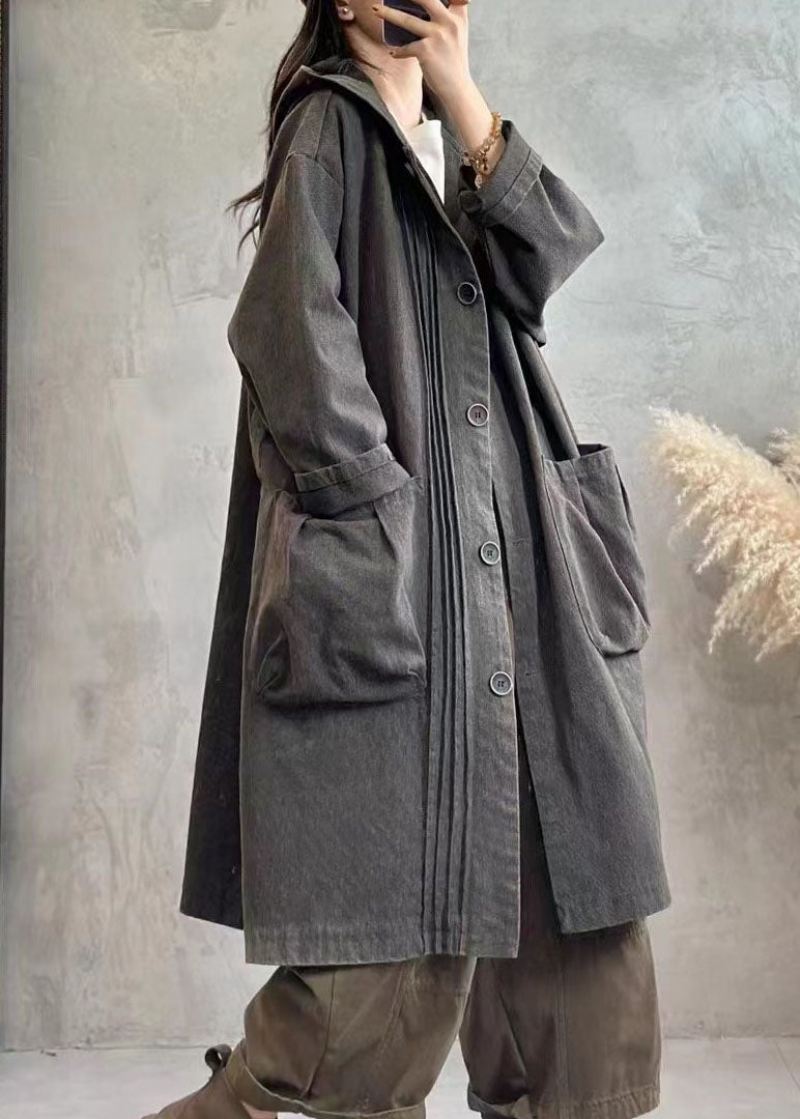 Vintage Svart Rynkete Hettegensere Denim Trench Coats Fall - Svart