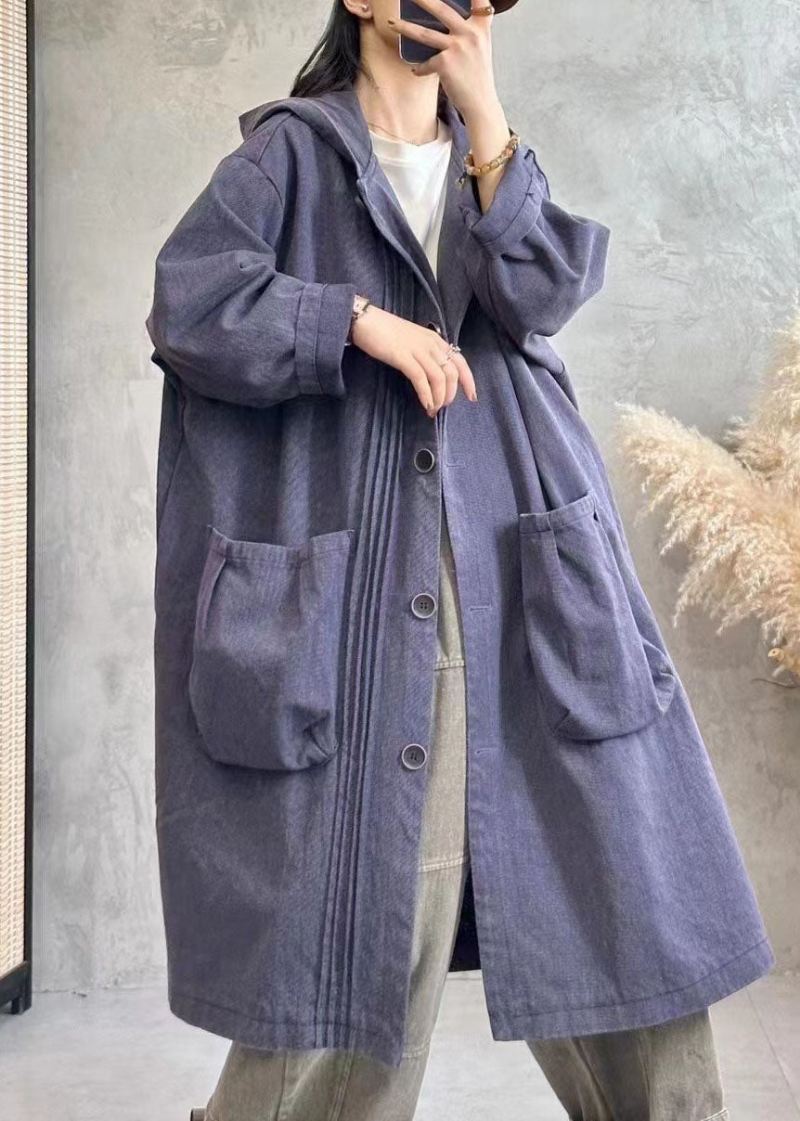 Vintage Svart Rynkete Hettegensere Denim Trench Coats Fall - Svart