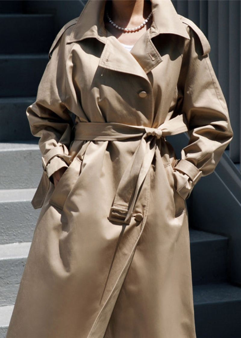 Vogue Khaki Peter Pan Krage Knapplommer Bomull Trench Coats Langermet - Khaki