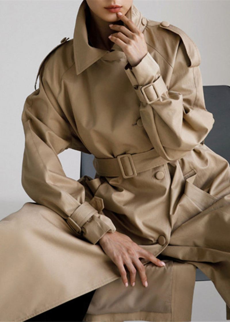 Vogue Khaki Peter Pan Krage Knapplommer Bomull Trench Coats Langermet - Khaki