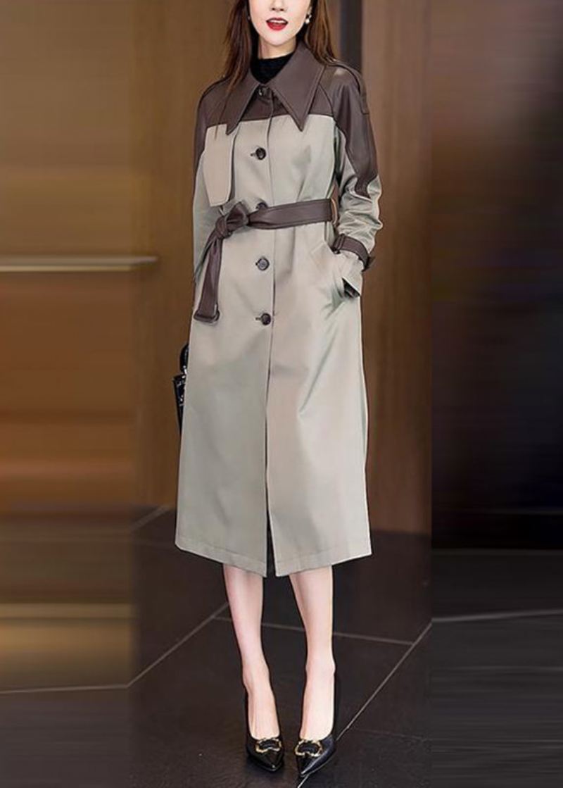 Vogue Khaki Peter Pan Kragelommer Patchwork Button Sashes Trench Coat Spring - Khaki