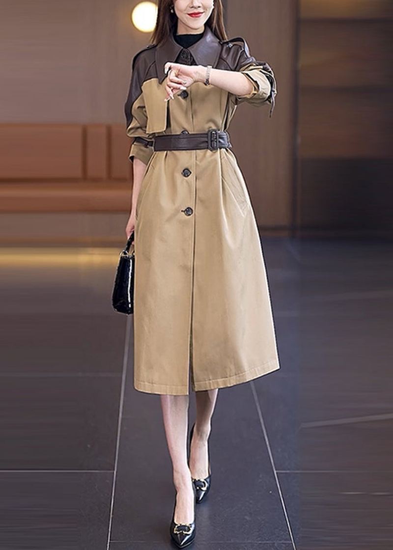 Vogue Khaki Peter Pan Kragelommer Patchwork Button Sashes Trench Coat Spring - Khaki