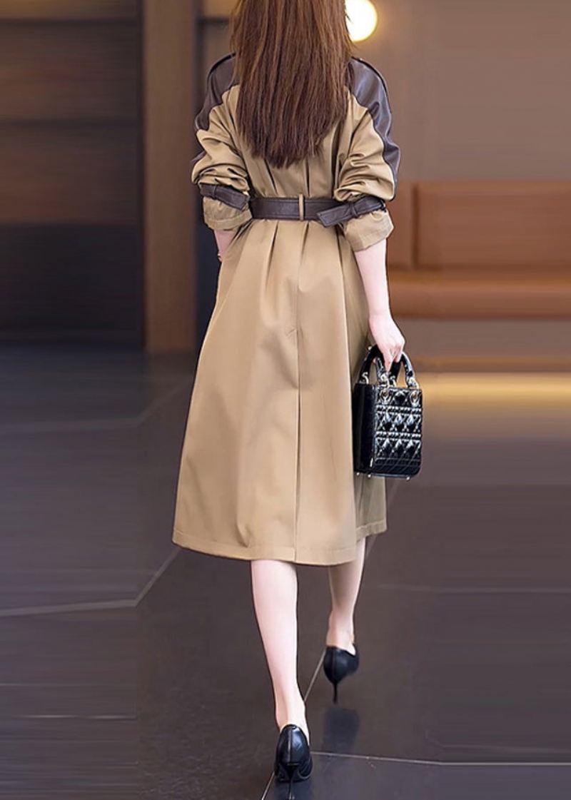 Vogue Khaki Peter Pan Kragelommer Patchwork Button Sashes Trench Coat Spring - Khaki