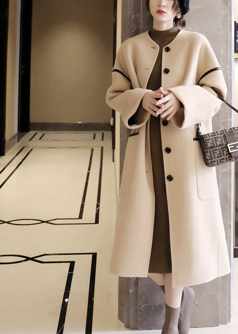 Vogue O-hals Lommer Patchwork Button Ull Trench Coats Langermet - Trenchcoats for kvinner