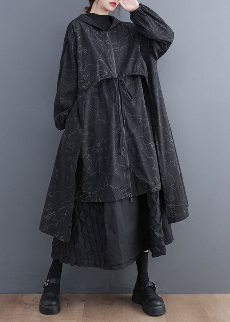 Vogue Svart Asymmetrisk Patchwork Print Glidelås Tie Midje Hettegenser Trench Coat Fall