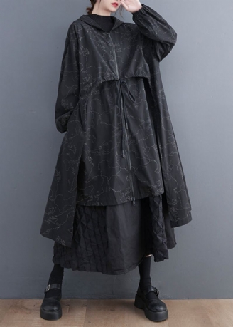 Vogue Svart Asymmetrisk Patchwork Print Glidelås Tie Midje Hettegenser Trench Coat Fall