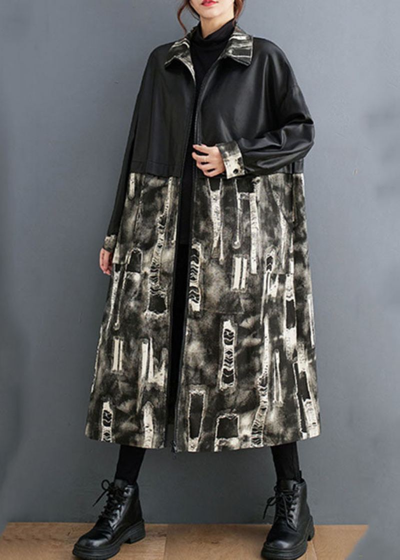 Vogue Svart Stativ Kragetrykk Kunstskinn Patchwork Lange Trenchcoats Langermet - Trenchcoats for kvinner