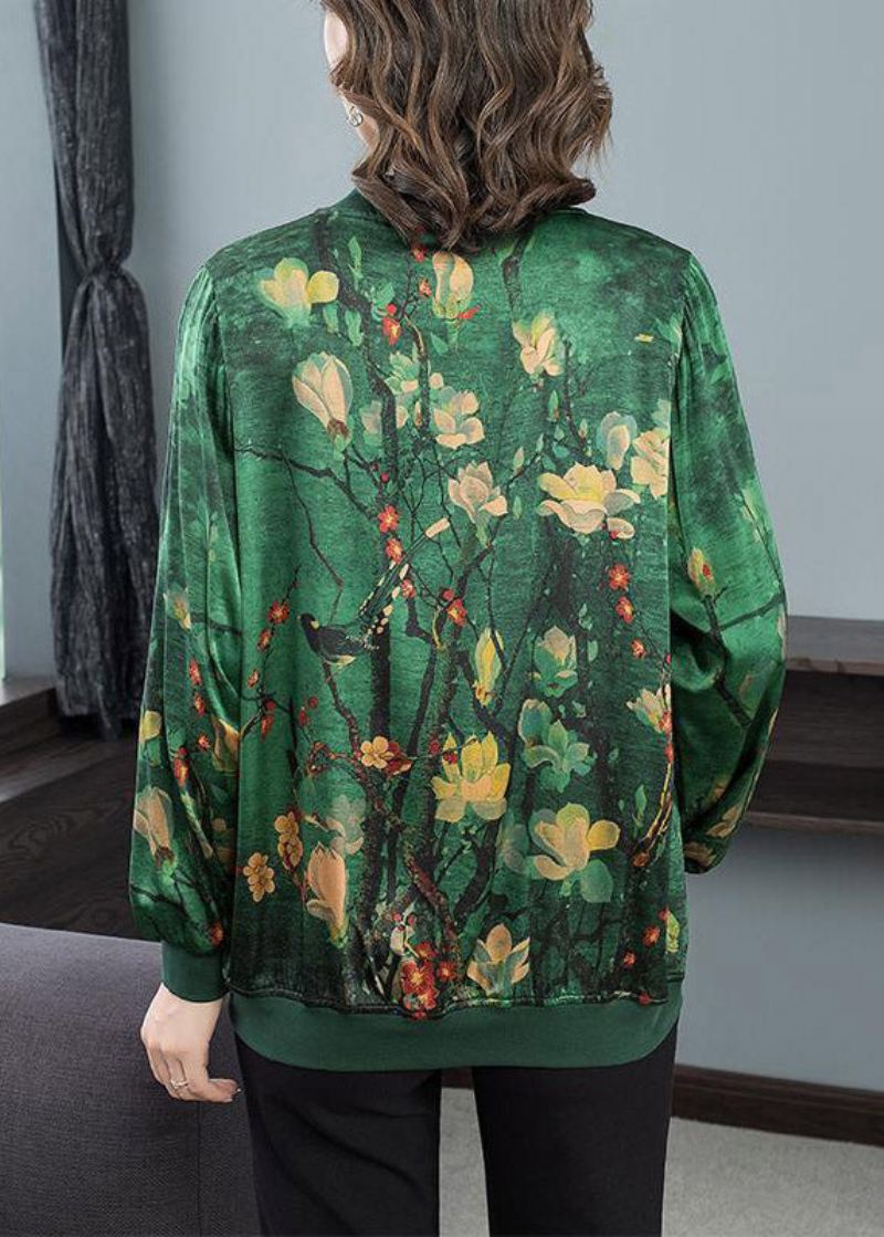 2024 Grønn O-hals Print Zip Up Silk Coats Langermet - Vinterfrakker for kvinner