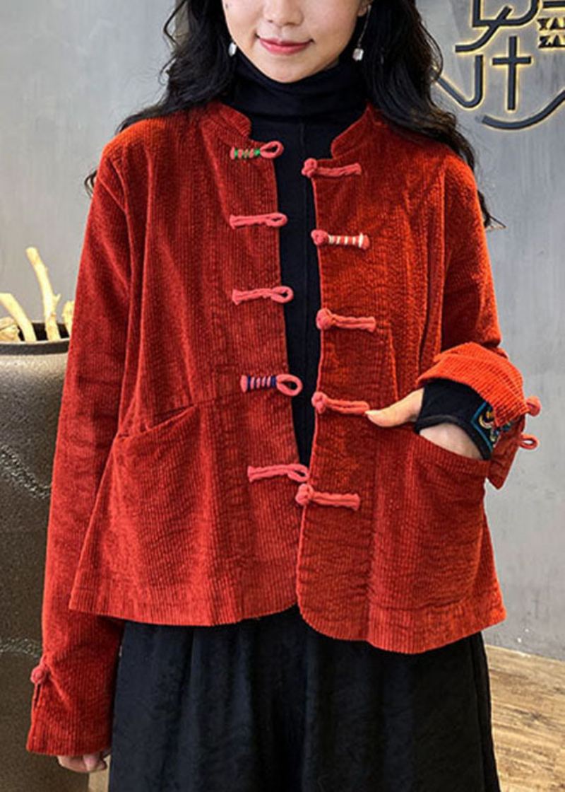 2024 Rød Knapp O-hals Lommer Corduroy Coats Spring