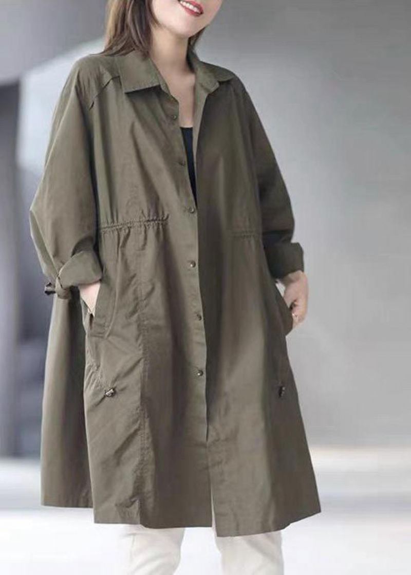 Army Green Button Cotton Cinched Coat Spring - Blå