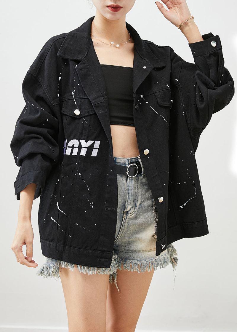 Art Black Oversized Letter Print Denim Jakker Høst