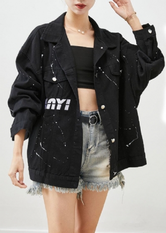 Art Black Oversized Letter Print Denim Jakker Høst