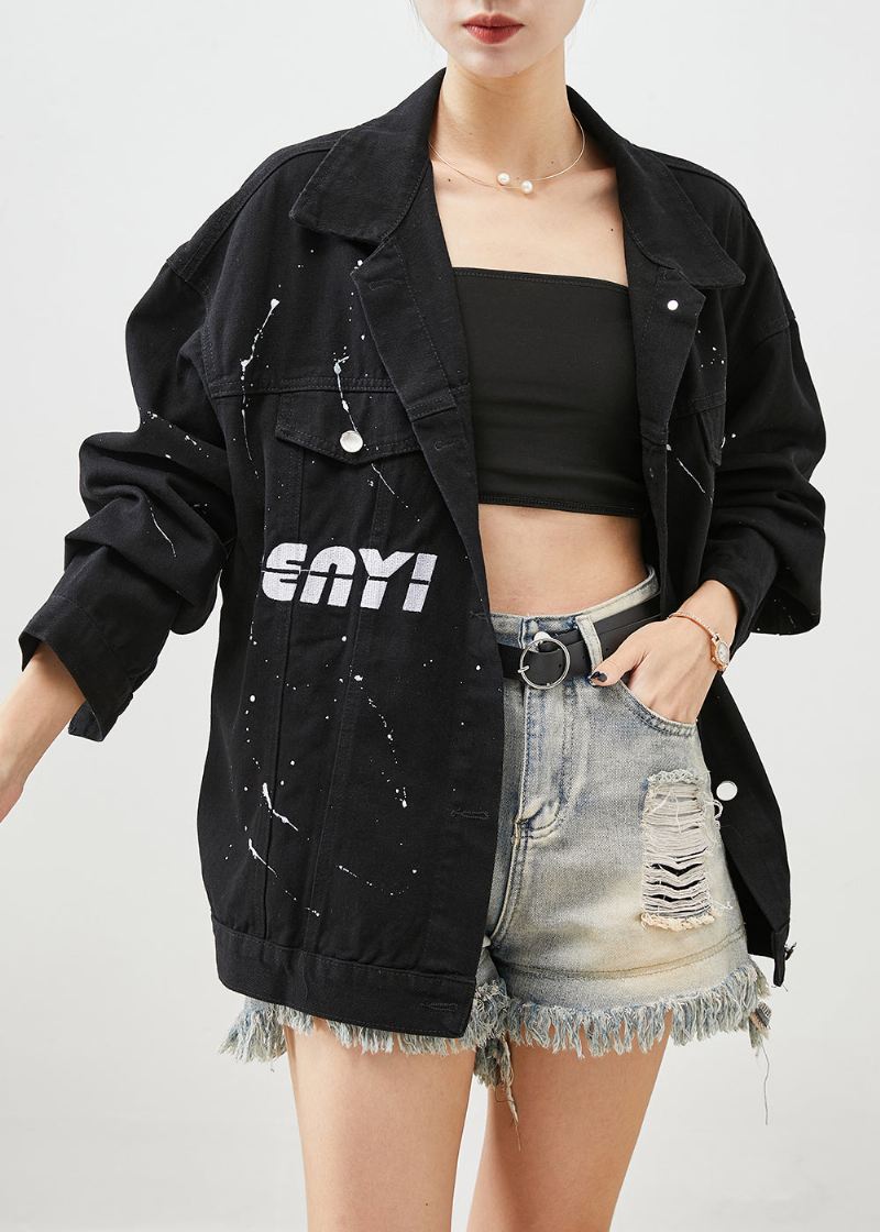 Art Black Oversized Letter Print Denim Jakker Høst - Vinterfrakker for kvinner