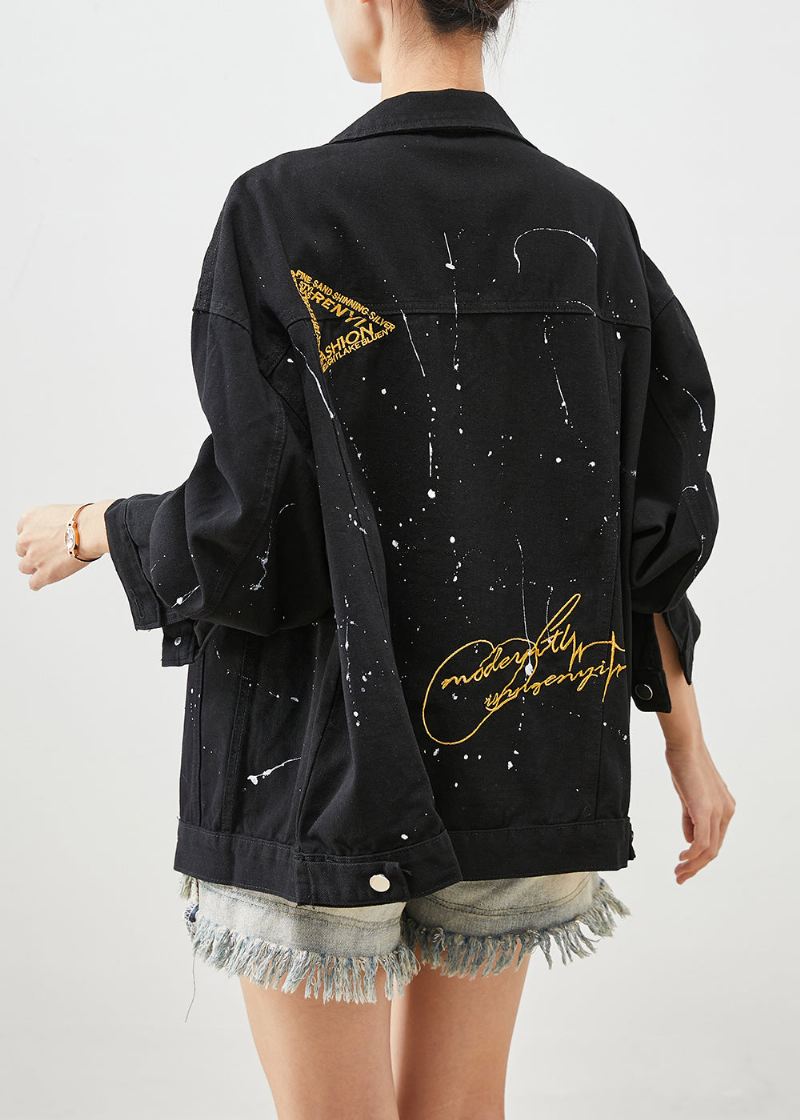 Art Black Oversized Letter Print Denim Jakker Høst - Vinterfrakker for kvinner