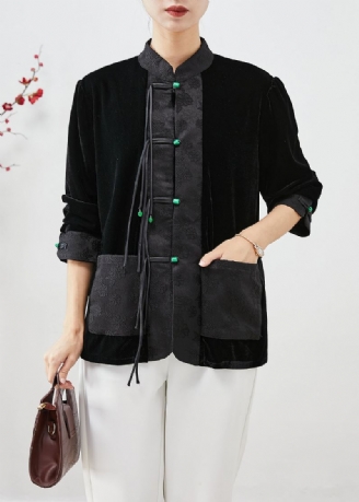 Art Black Tasseled Patchwork Jacquard Silke Velour Coats Fall