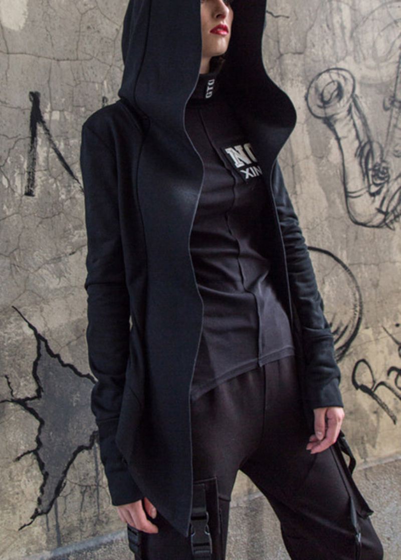 Art Black Zip Up Cotton Hoodie Coat Langermet