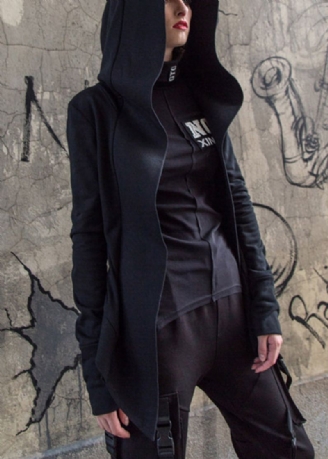 Art Black Zip Up Cotton Hoodie Coat Langermet