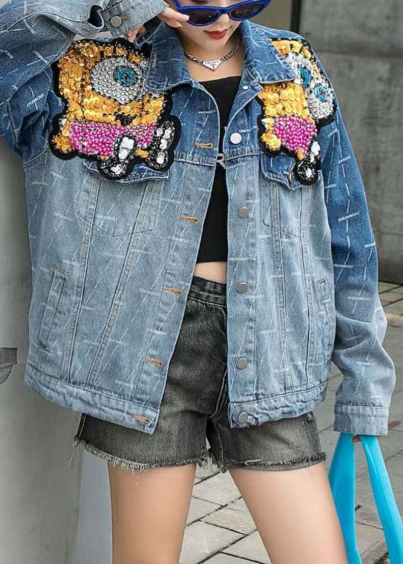 Art Blue Peter Pan Collar Patchwork Button Nail Perle Fall Denim Coat - Vinterfrakker for kvinner