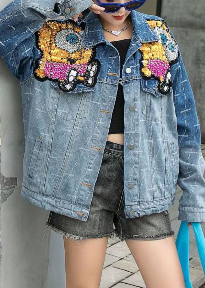 Art Blue Peter Pan Collar Patchwork Button Nail Perle Fall Denim Coat - Vinterfrakker for kvinner