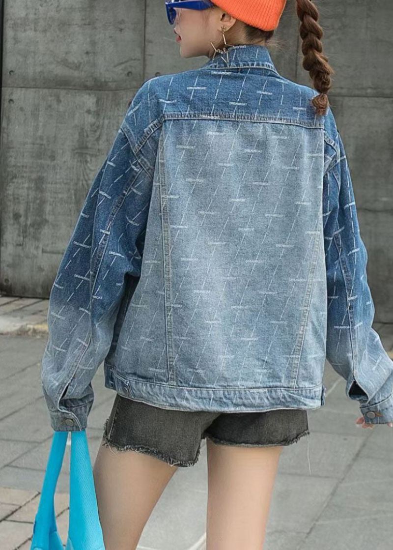 Art Blue Peter Pan Collar Patchwork Button Nail Perle Fall Denim Coat - Vinterfrakker for kvinner