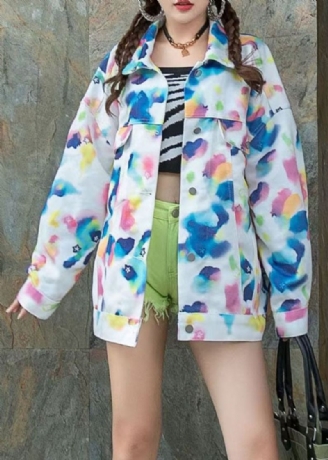 Art Blue Peter Pan Collar Zircon Print Patchwork Denim Coat Spring