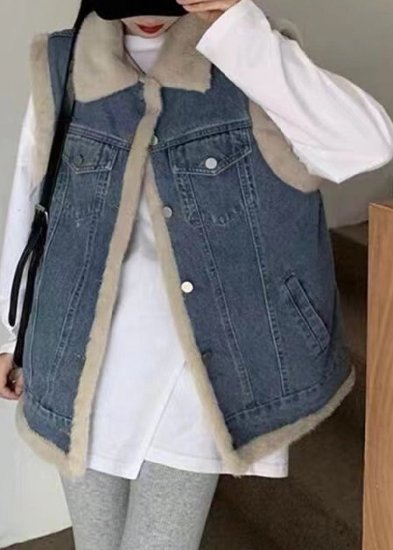 Art Blue Peter Pan Krage Patchwork Varm Fleece Imitert Pels Denim Vest Ermeløs - Blå