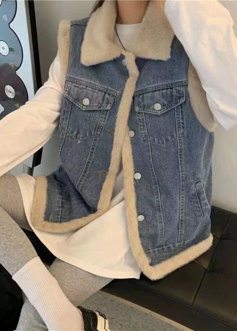 Art Blue Peter Pan Krage Patchwork Varm Fleece Imitert Pels Denim Vest Ermeløs - Blå