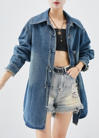 Art Blue Tasseled Chinese Button Denim Coats Fall