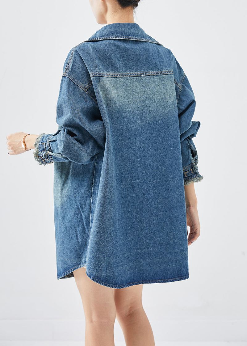 Art Blue Tasseled Chinese Button Denim Coats Fall - Vinterfrakker for kvinner