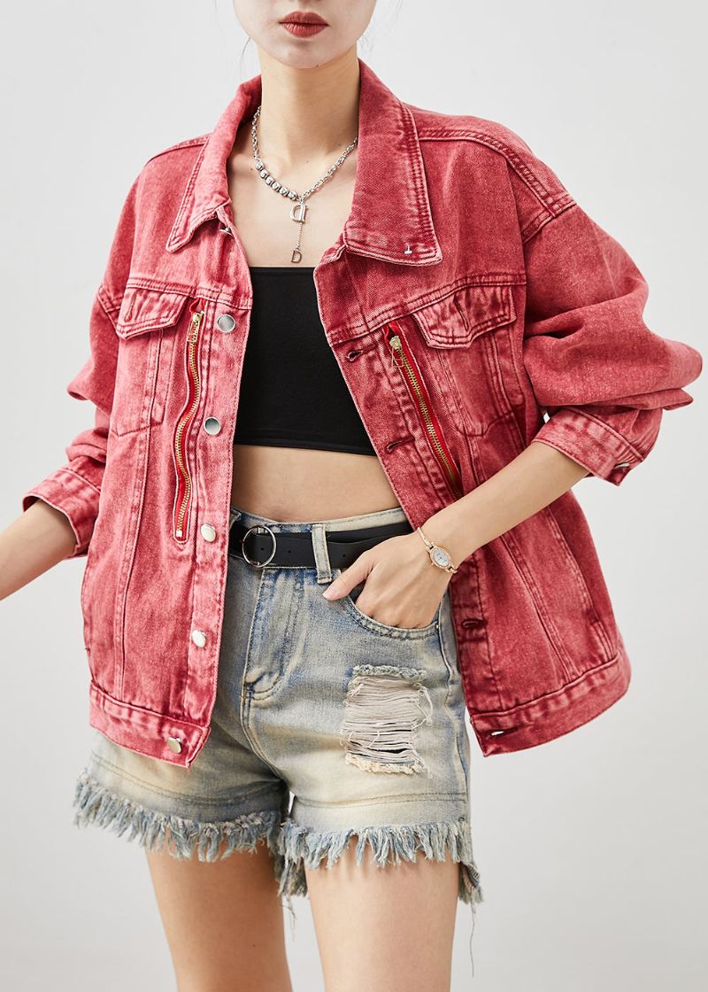 Art Brick Red Zip Up Oversized Denimjakker Høst