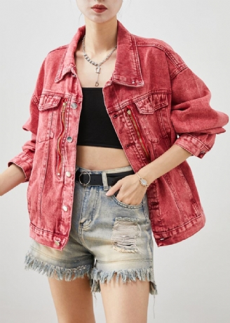 Art Brick Red Zip Up Oversized Denimjakker Høst