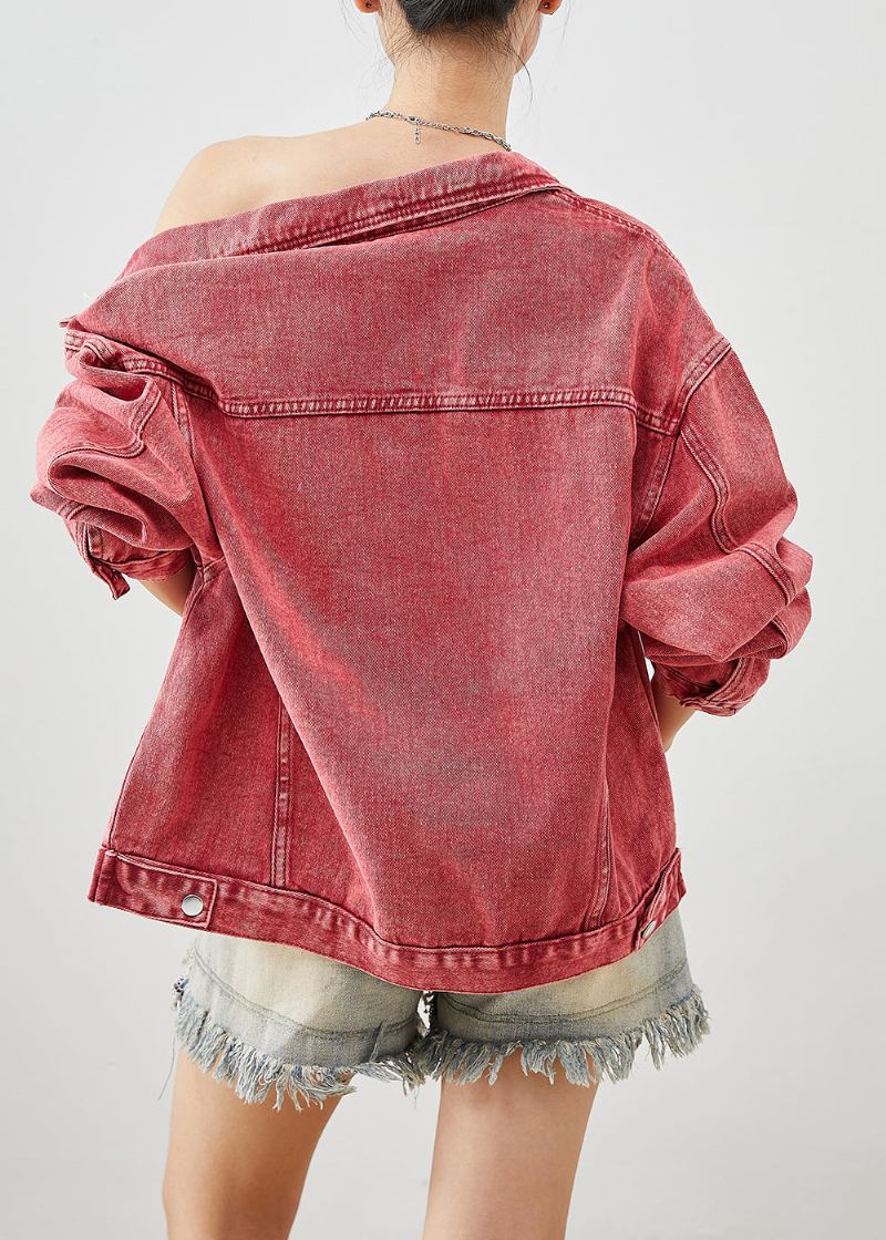 Art Brick Red Zip Up Oversized Denimjakker Høst - Vinterfrakker for kvinner