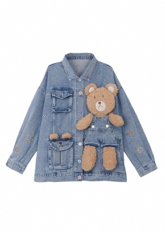 Art Denim Blå Peter Pan Krage Patchwork Little Bear Button Coats Fall